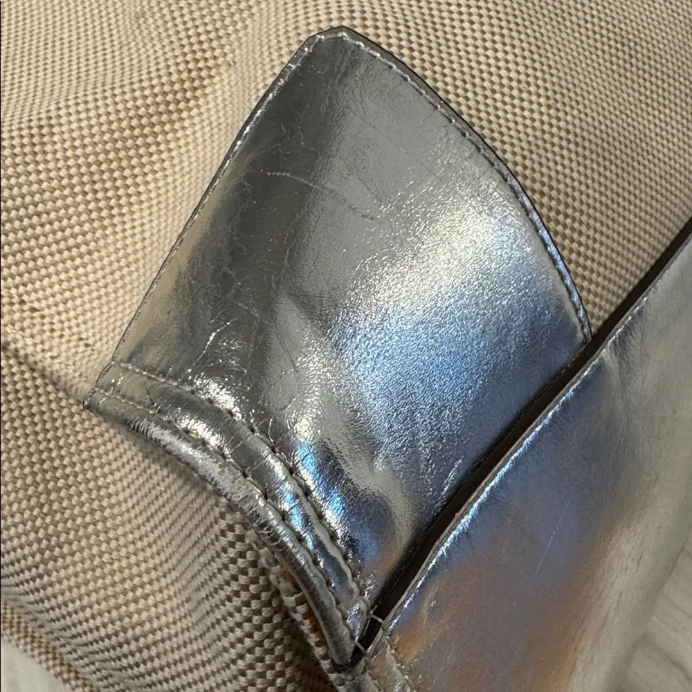 Tory Burch Tote Ella Canvas Silver Cream Logo Bag - Picture 12 of 17